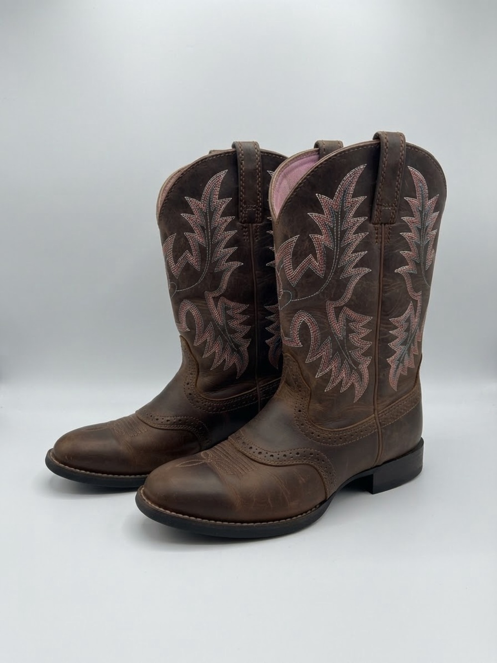 Ariat Brown Leather Western Boots with Pink Embroidery size 7.5b